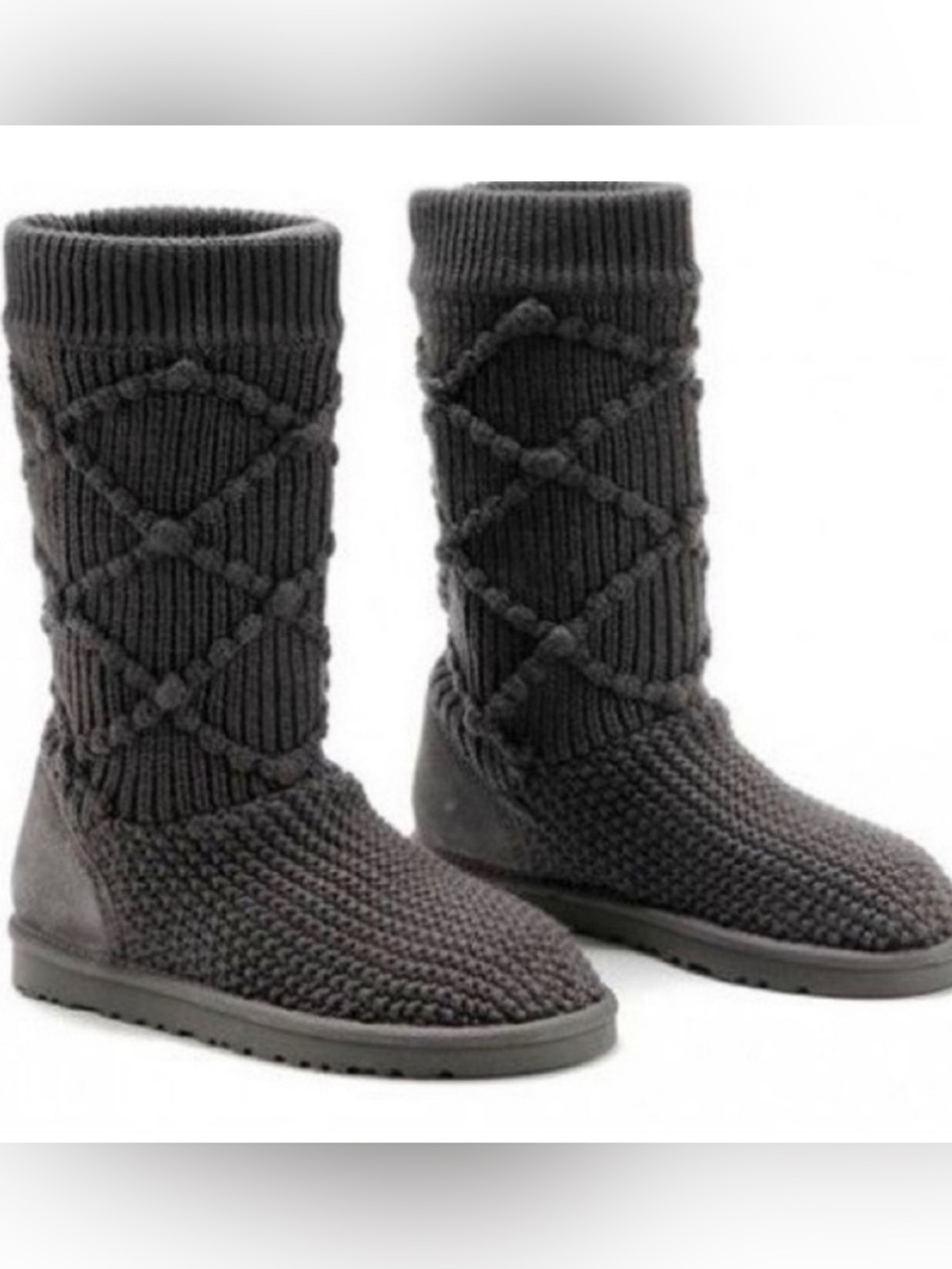 UGG Australia Black Argyle Sweater Tall Cardi Knit Boots, Size 6